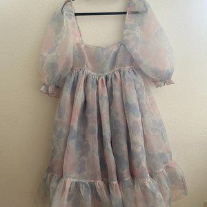 Selkie Midi Puff Blue/Pink/White Dress - Small